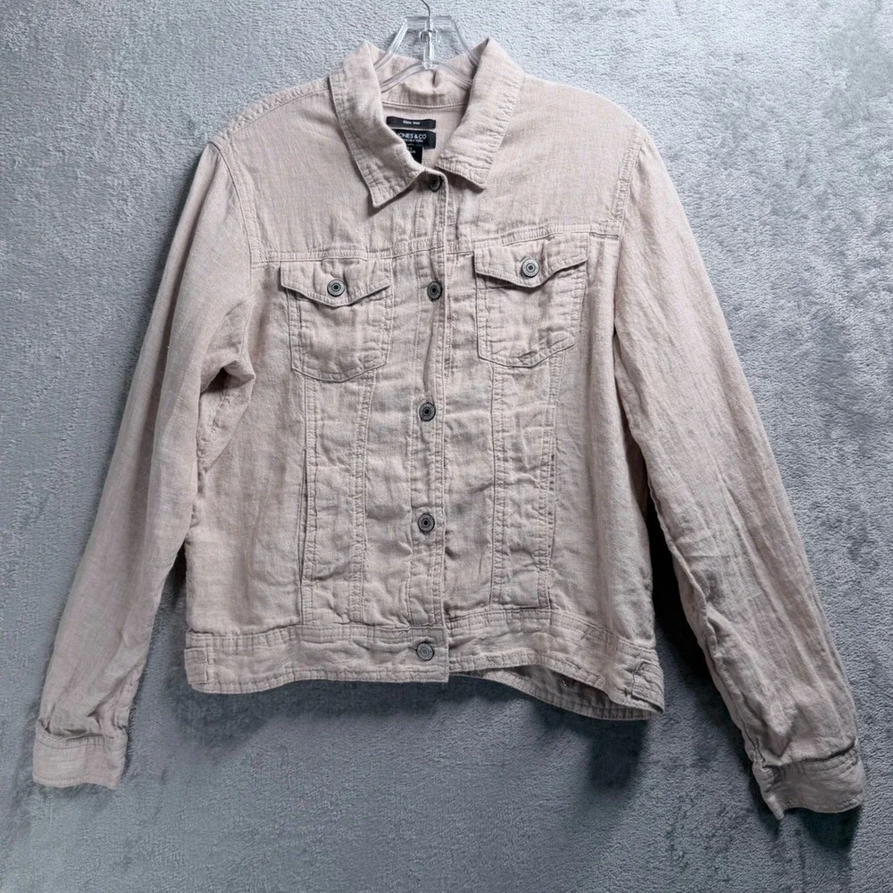 Jones New York Linen Jacket Womens Large Beige Trucker Button Front Lightweight